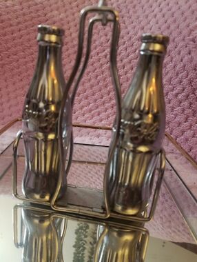 Vintage Coca-Cola 7" Contour Bottle Salt & Pepper Shakers w/ Chrome Wire Caddy